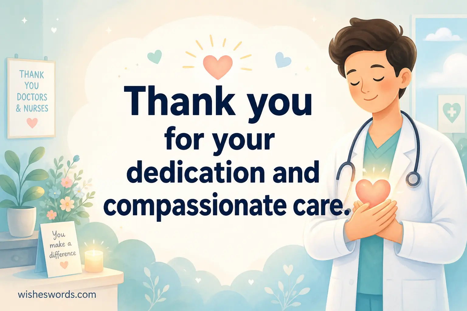 A soft illustrated hospital scene with warm tones expressing gratitude for a doctor’s compassionate care and dedication.