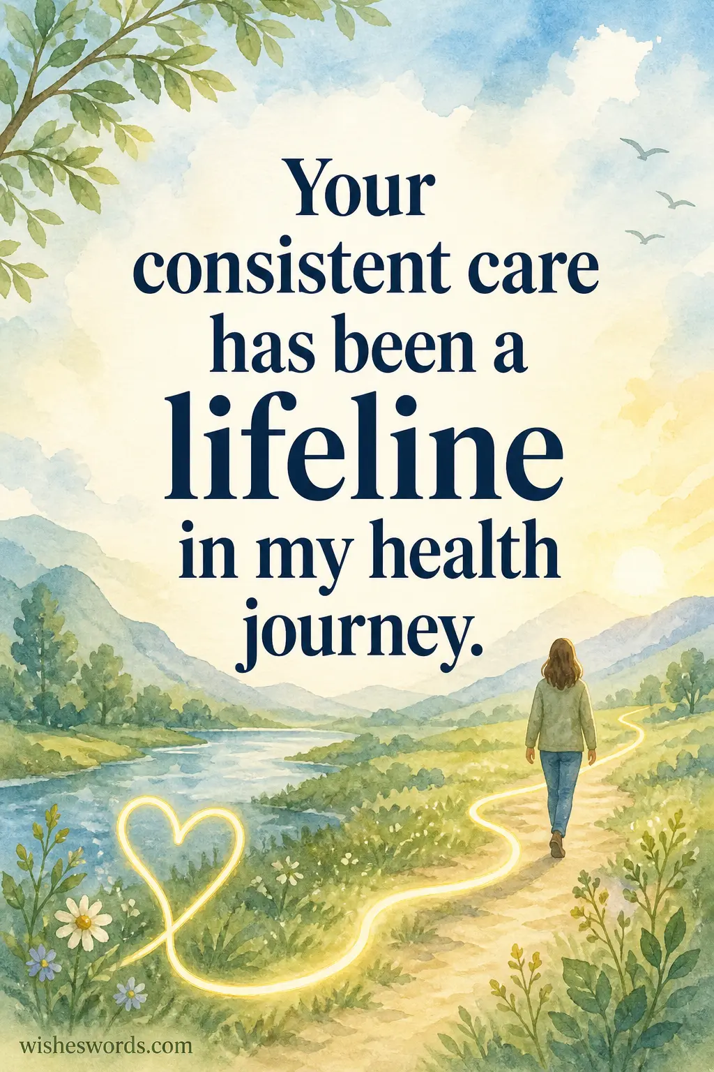A watercolor-style healing path illustration representing ongoing medical support as a lifeline in a patient’s health journey.