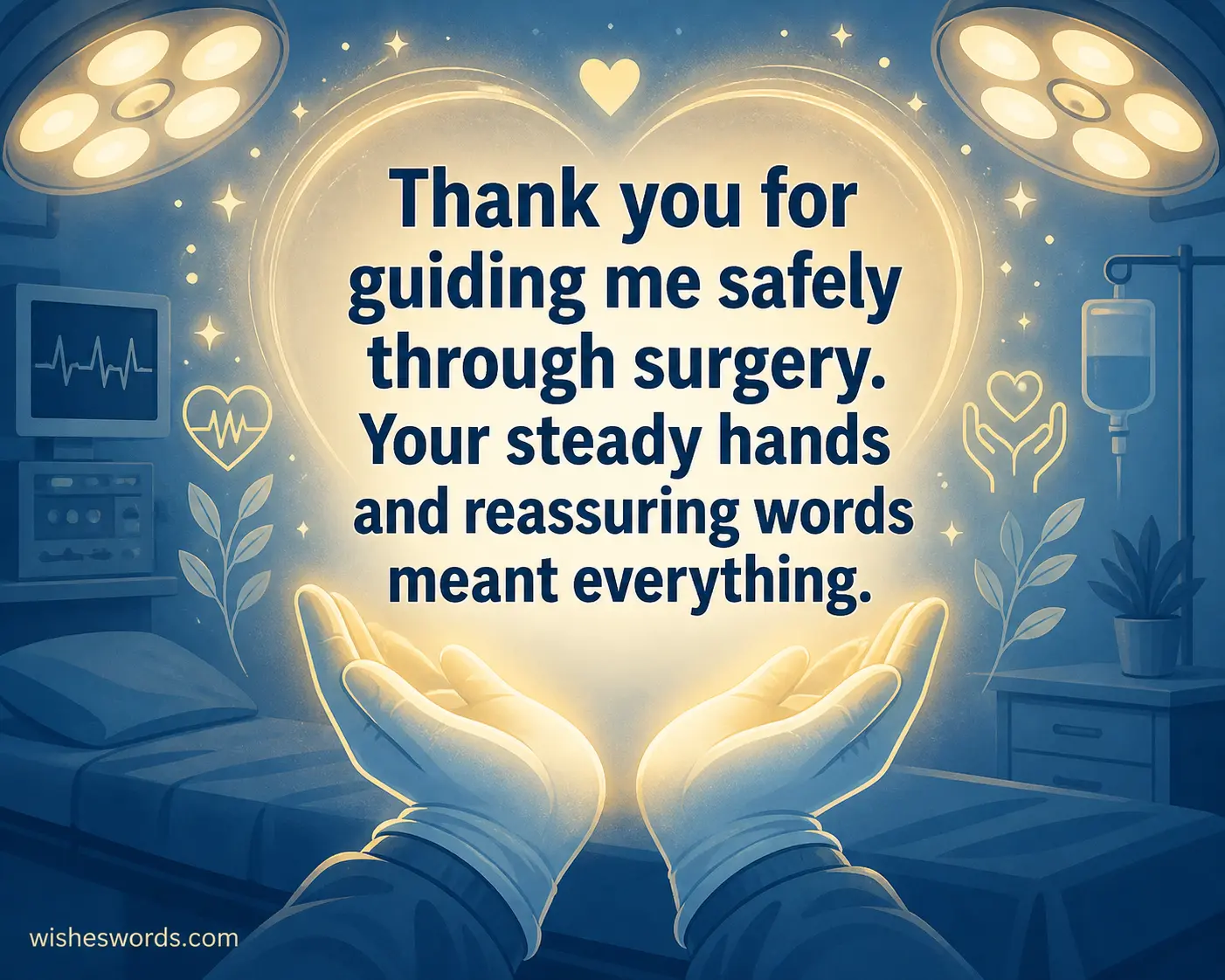 A calming illustrated operating room with glowing elements symbolizing trust and appreciation for a doctor guiding a patient safely through surgery.