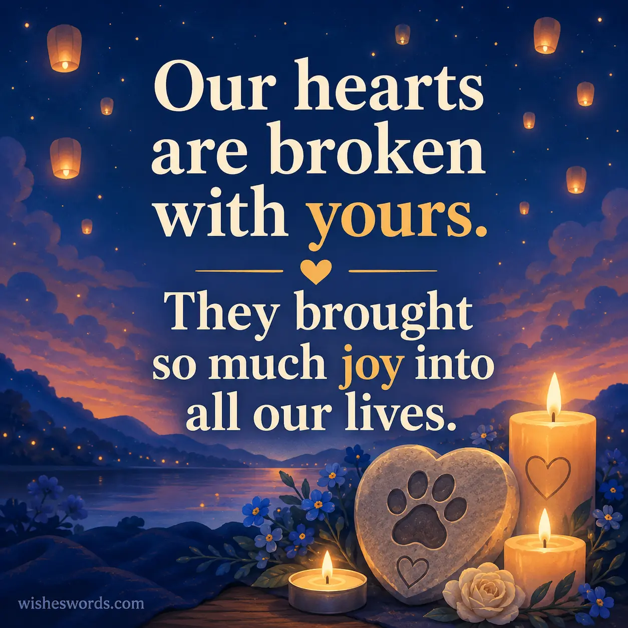 Stylized candlelight and floating lantern sympathy illustration with compassionate message about shared heartbreak after losing a joyful pet.