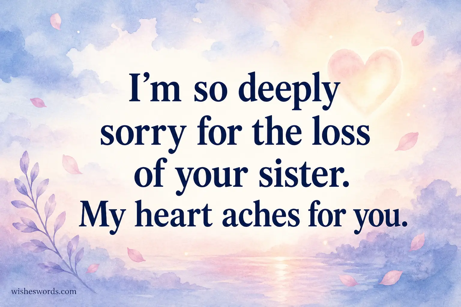 A soft watercolor sky with calming tones and a heartfelt sympathy quote expressing deep sorrow for the loss of a sister