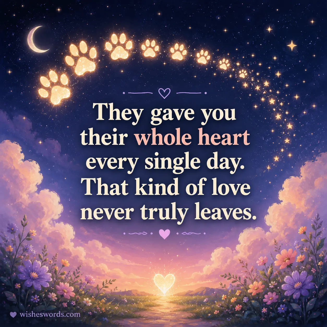 Whimsical night sky illustration with glowing paw print stars and touching remembrance quote about a pet’s everlasting love.