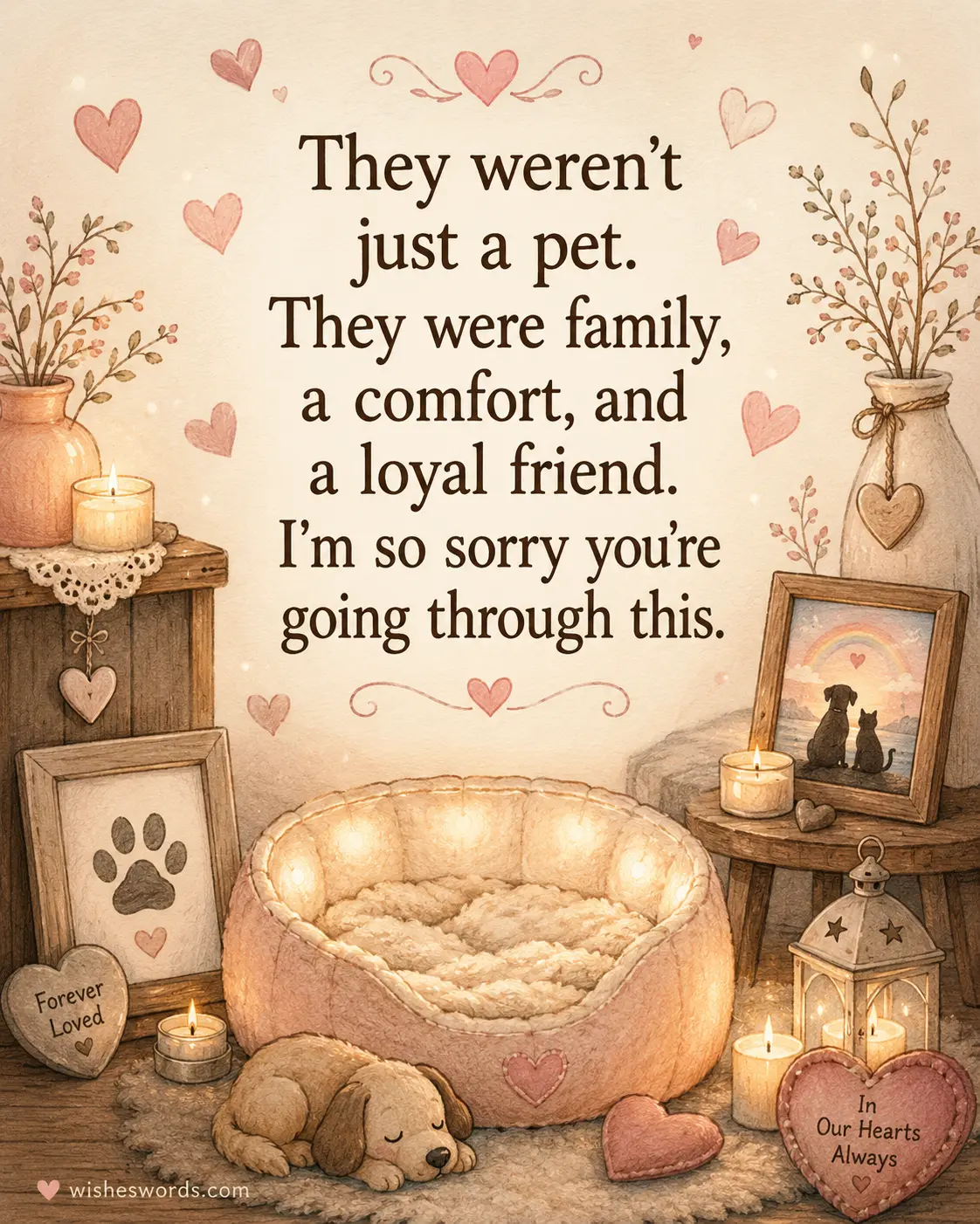 Cozy hand-drawn memorial artwork featuring pet memories and emotional quote explaining that pets are family, comfort, and loyal friends.