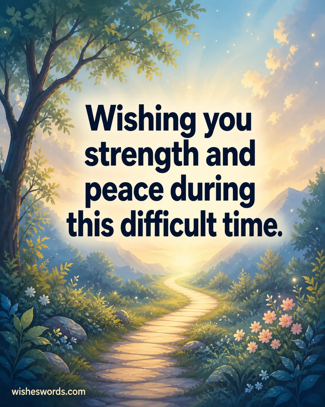 A gentle nature path with glowing light symbolizing strength and healing during a difficult time of grief