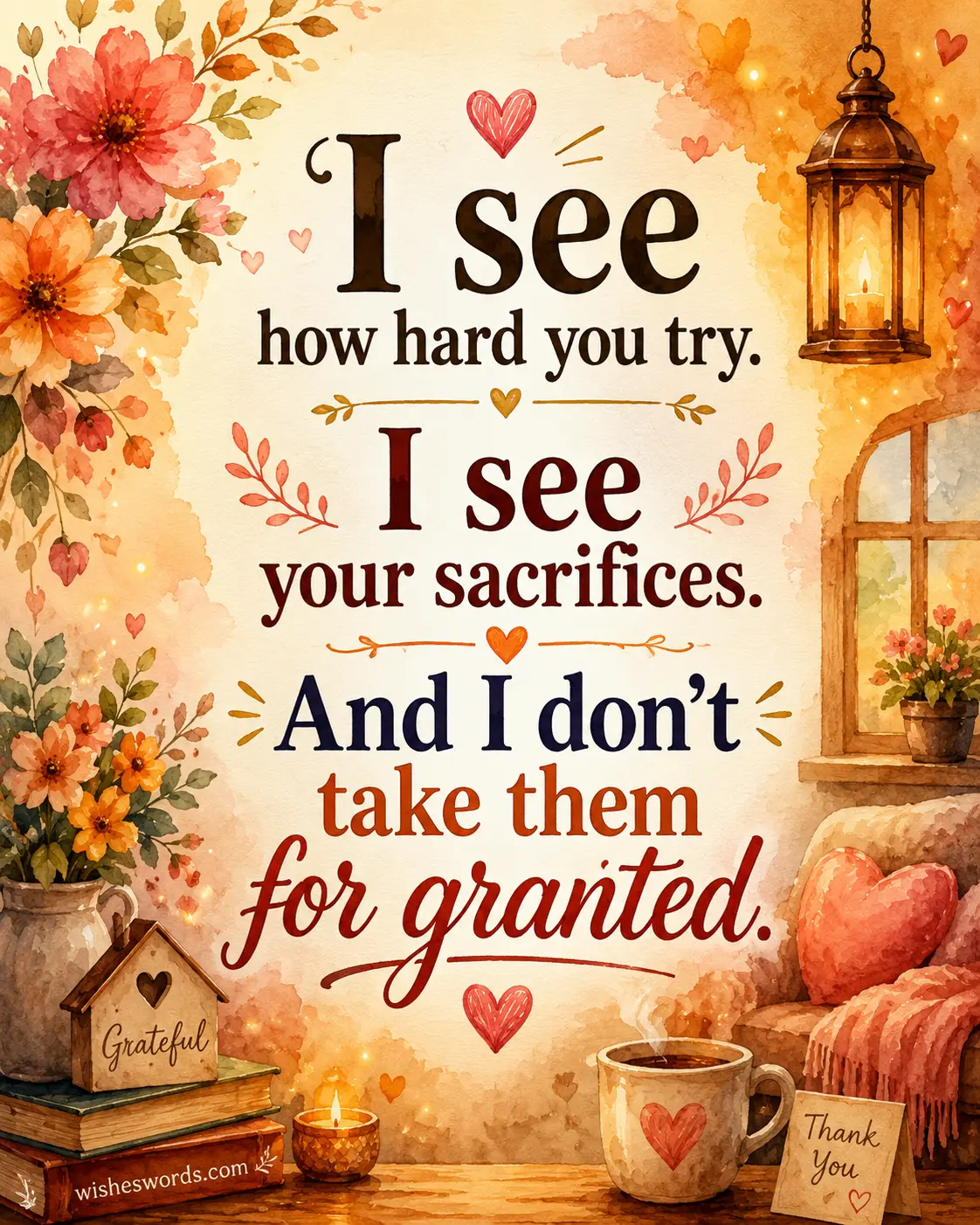 Watercolor-style appreciation quote image showing emotional support and gratitude for a loving wife with warm comforting artistic details.