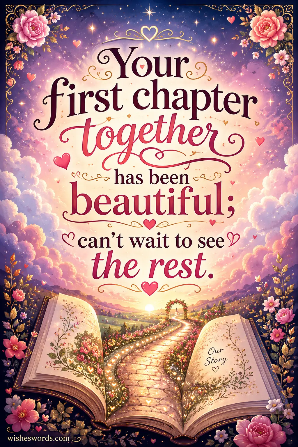 ALT 3: Magical storybook-inspired anniversary artwork with an open book and glowing romantic pathway representing a beautiful future together.