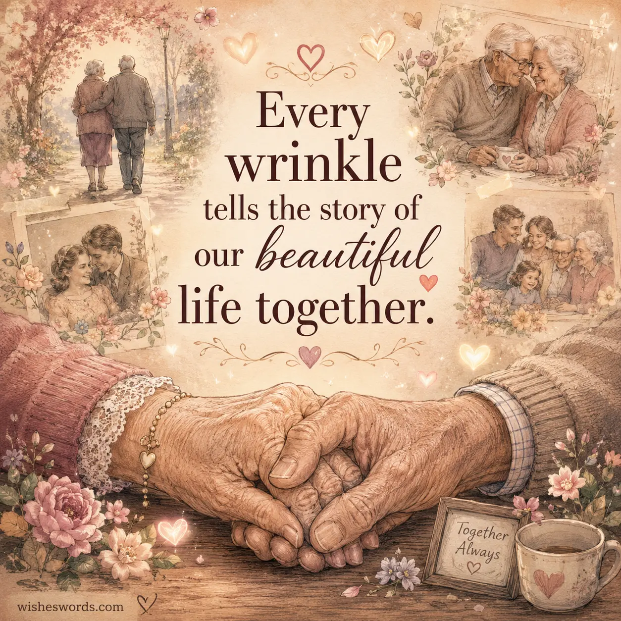 5. Soft pastel illustration of elderly hands holding each other with emotional anniversary imagery and a touching quote about wrinkles telling the story of a beautiful life together.