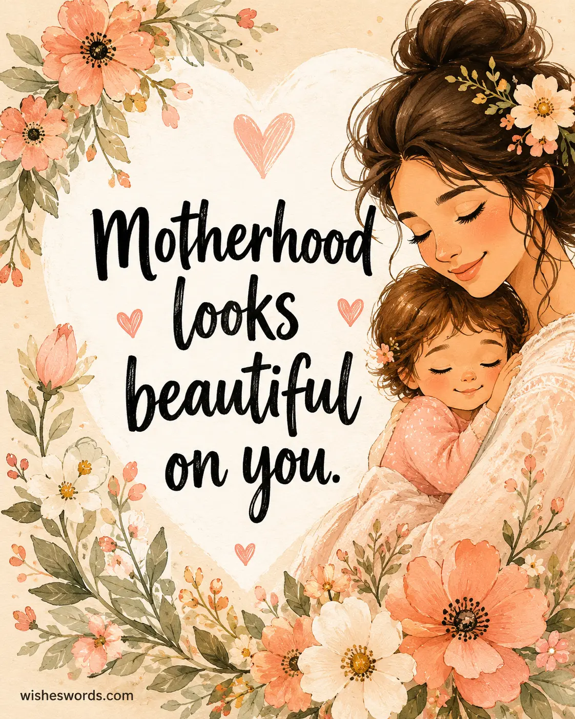 5. Warm hand-drawn illustration symbolizing the beauty of motherhood with an uplifting appreciation quote.