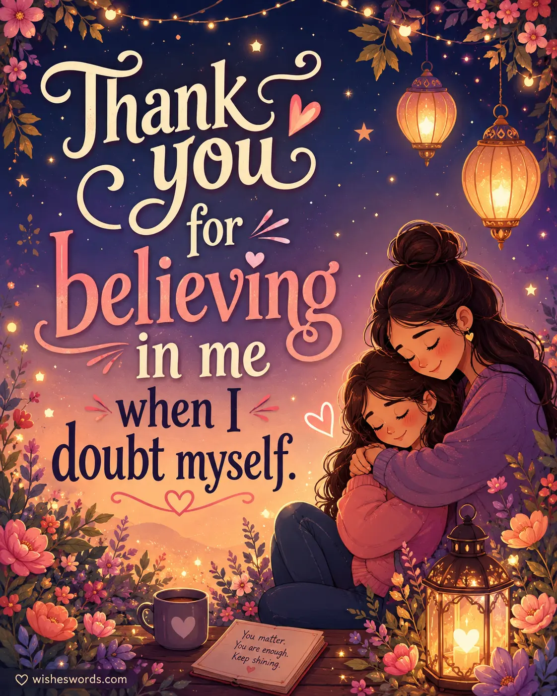 Supportive romantic vector artwork featuring emotional encouragement and belief in a loving relationship with elegant typography.
