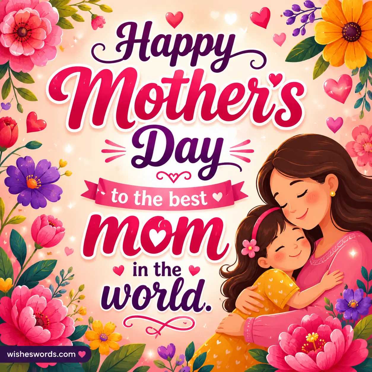 3. Bright floral flat design celebrating Mother's Day with a joyful message honoring the best mom.