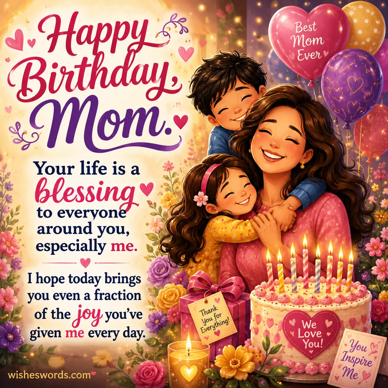 Cheerful birthday-themed cartoon illustration celebrating a mother's love and blessings with emotional birthday wishes displayed in bold decorative text.