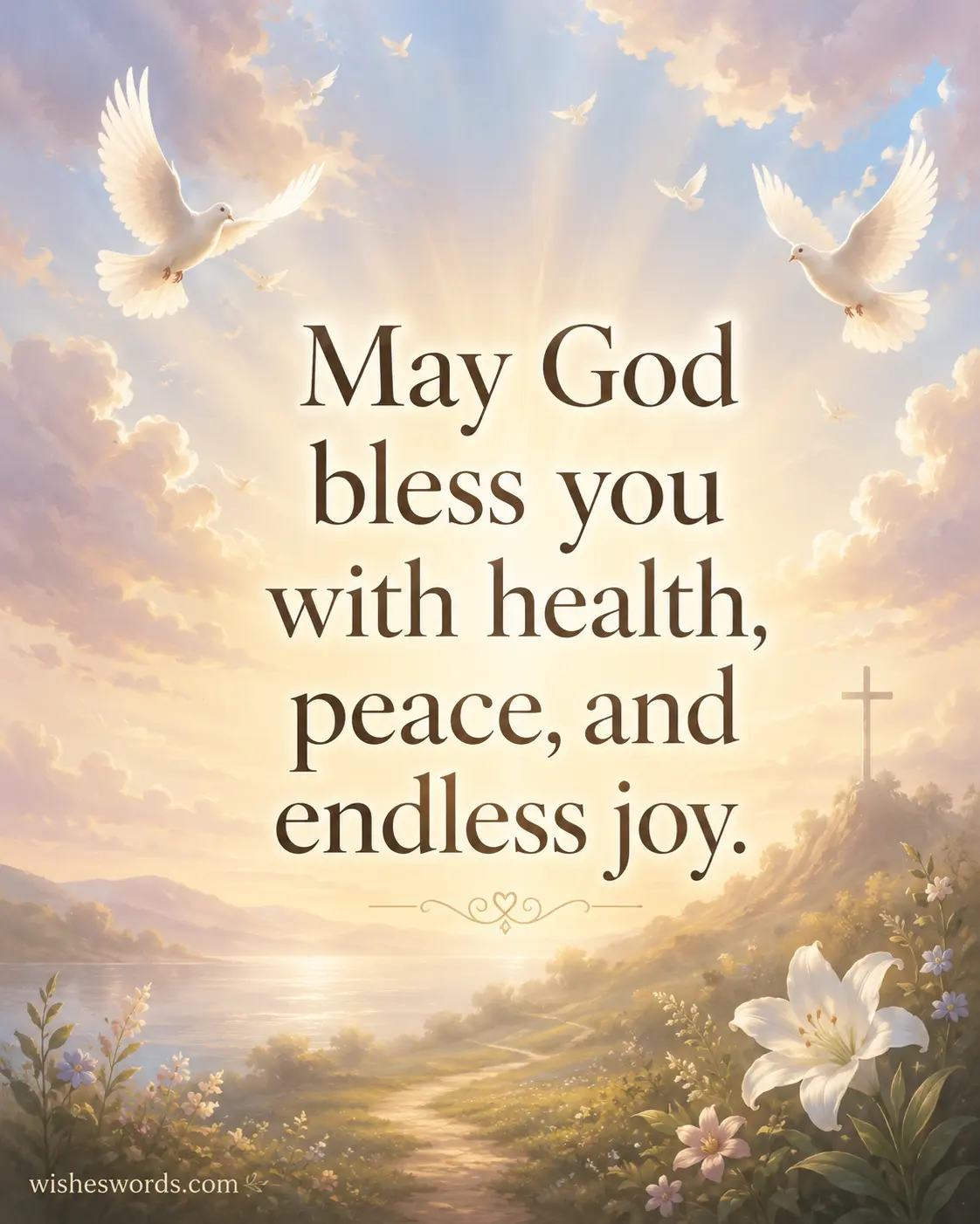 4. Peaceful spiritual sky illustration with a blessing message wishing health, joy, and serenity for mom.