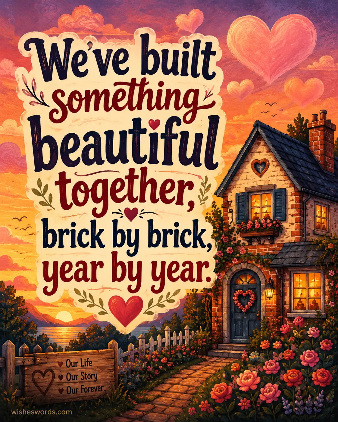 Whimsical illustrated home and love story artwork celebrating years of marriage built together brick by brick with warm cozy atmosphere.