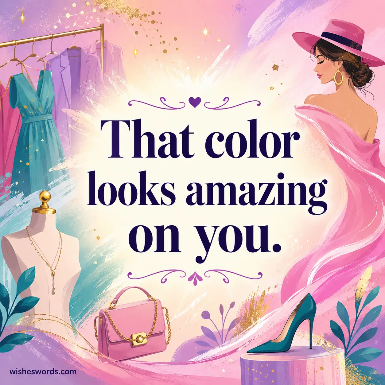 Colorful fashion-inspired abstract artwork highlighting a compliment about appearance and how flattering a color looks on someone