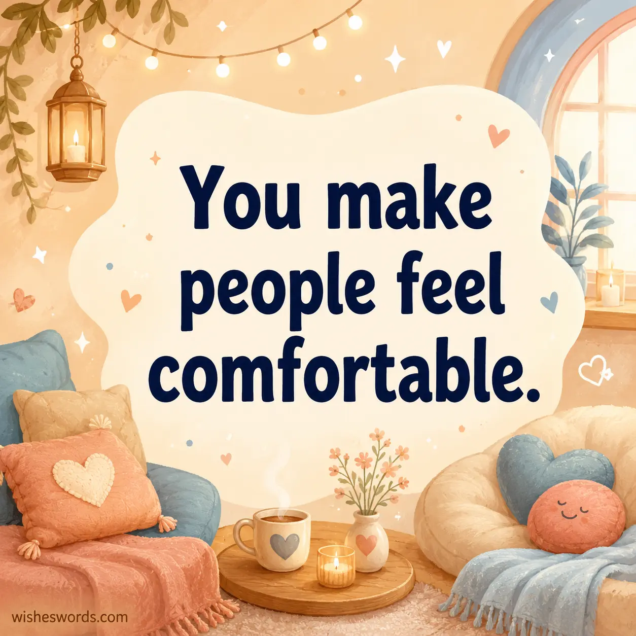 Warm pastel illustration emphasizing comfort and emotional safety with an uplifting quote about making people feel at ease and welcomed