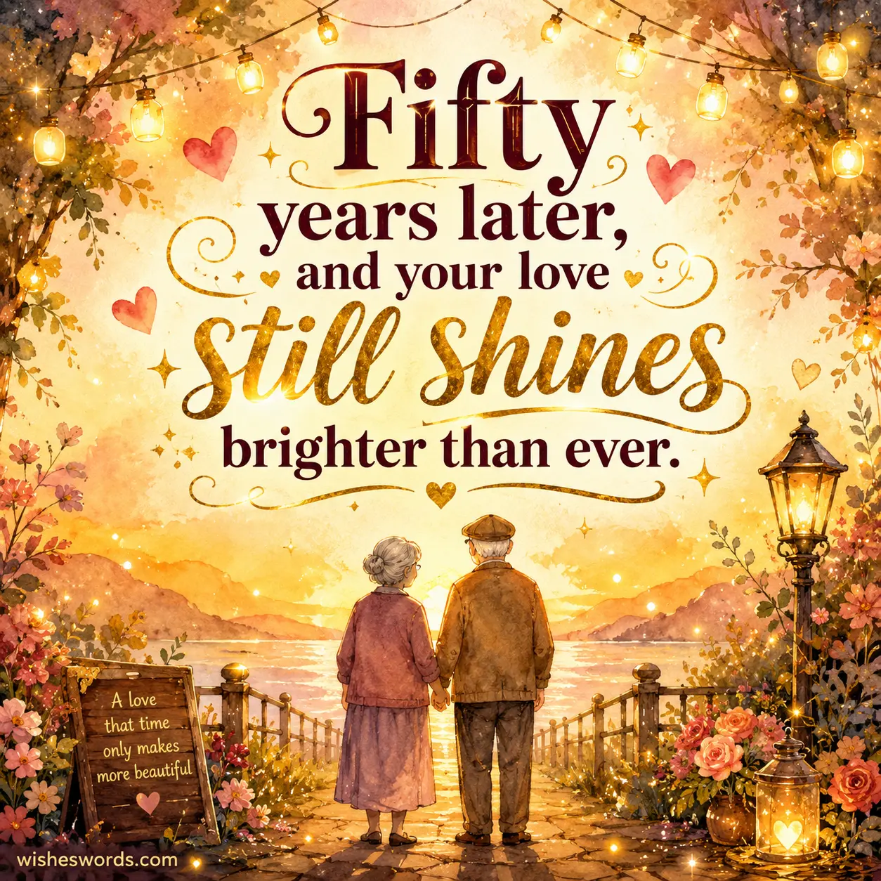 1. Stylized watercolor illustration of an elderly couple under glowing golden lights with a romantic 50th wedding anniversary quote about love shining brighter after fifty years.