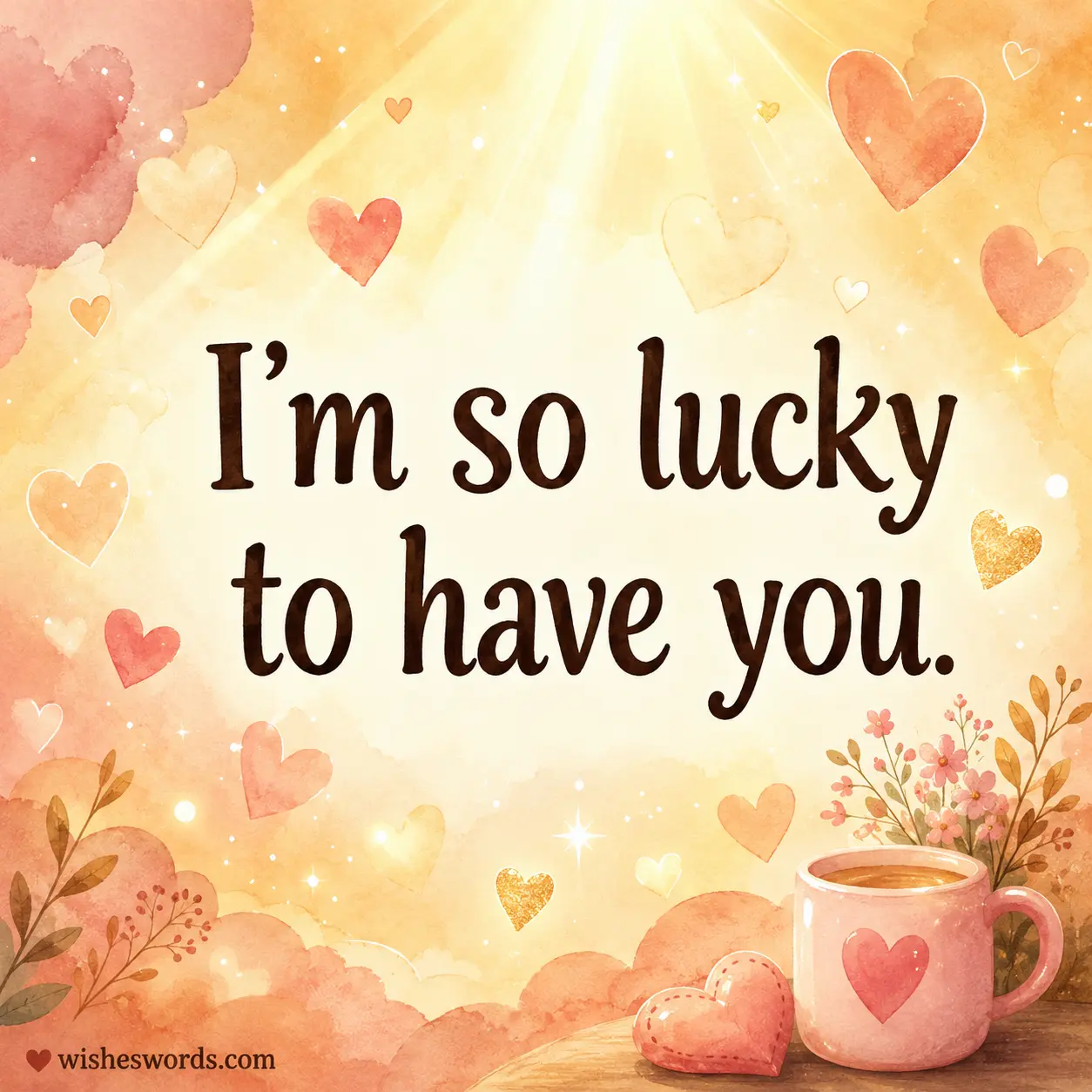 Soft dreamy heart-filled illustration expressing gratitude and emotional connection with a quote about feeling lucky to have someone
