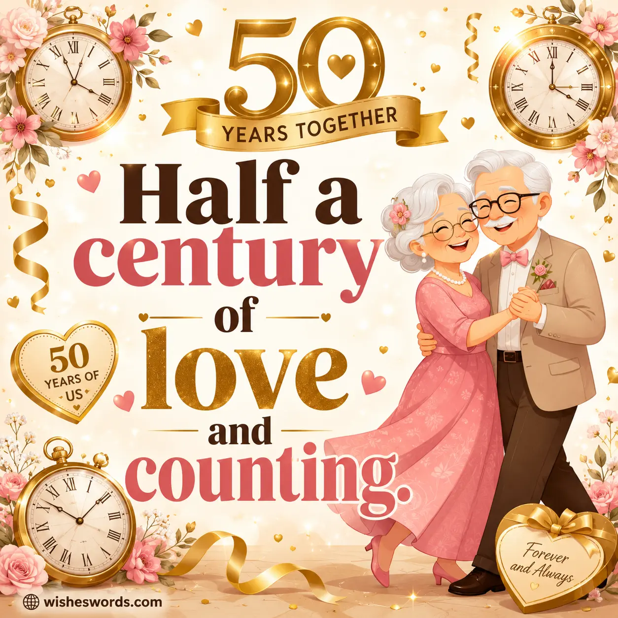 3. Cheerful vector anniversary illustration featuring a happy elderly couple dancing together with decorations and a quote celebrating half a century of love.