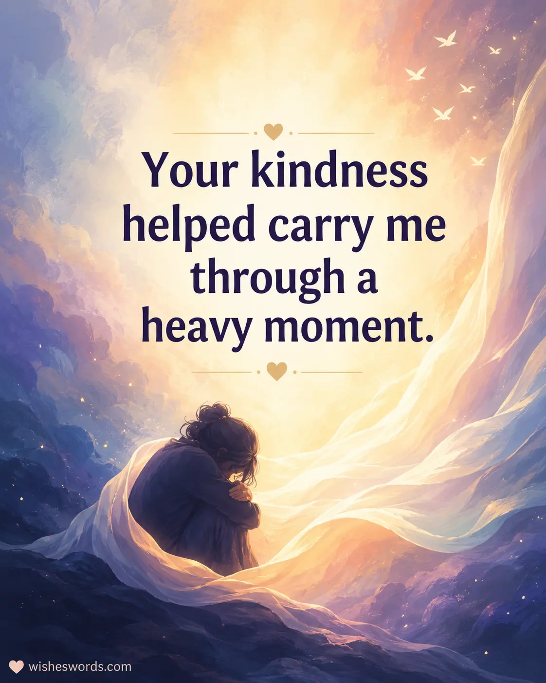 Soft pastel digital painting depicting emotional support and kindness, showing uplifting light carrying someone through a difficult moment with gratitude text.