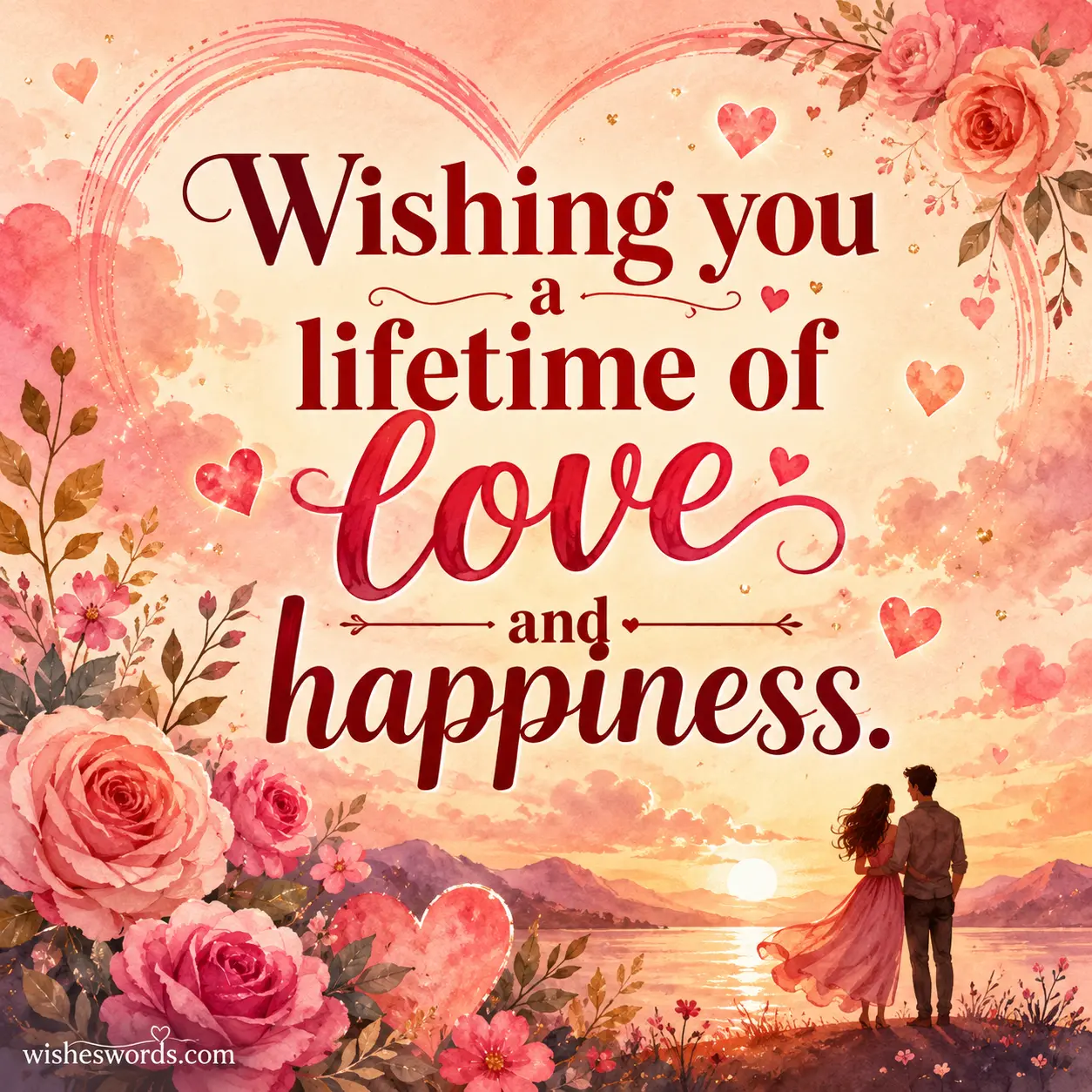 2. Soft watercolor love illustration featuring romantic hearts and elegant typography wishing a lifetime of love and happiness