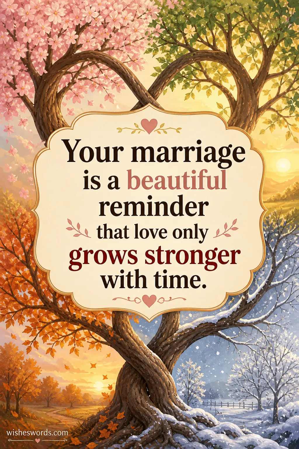2. Artistic digital painting of a symbolic tree growing through seasons representing enduring marriage and a heartfelt quote about love growing stronger over time.