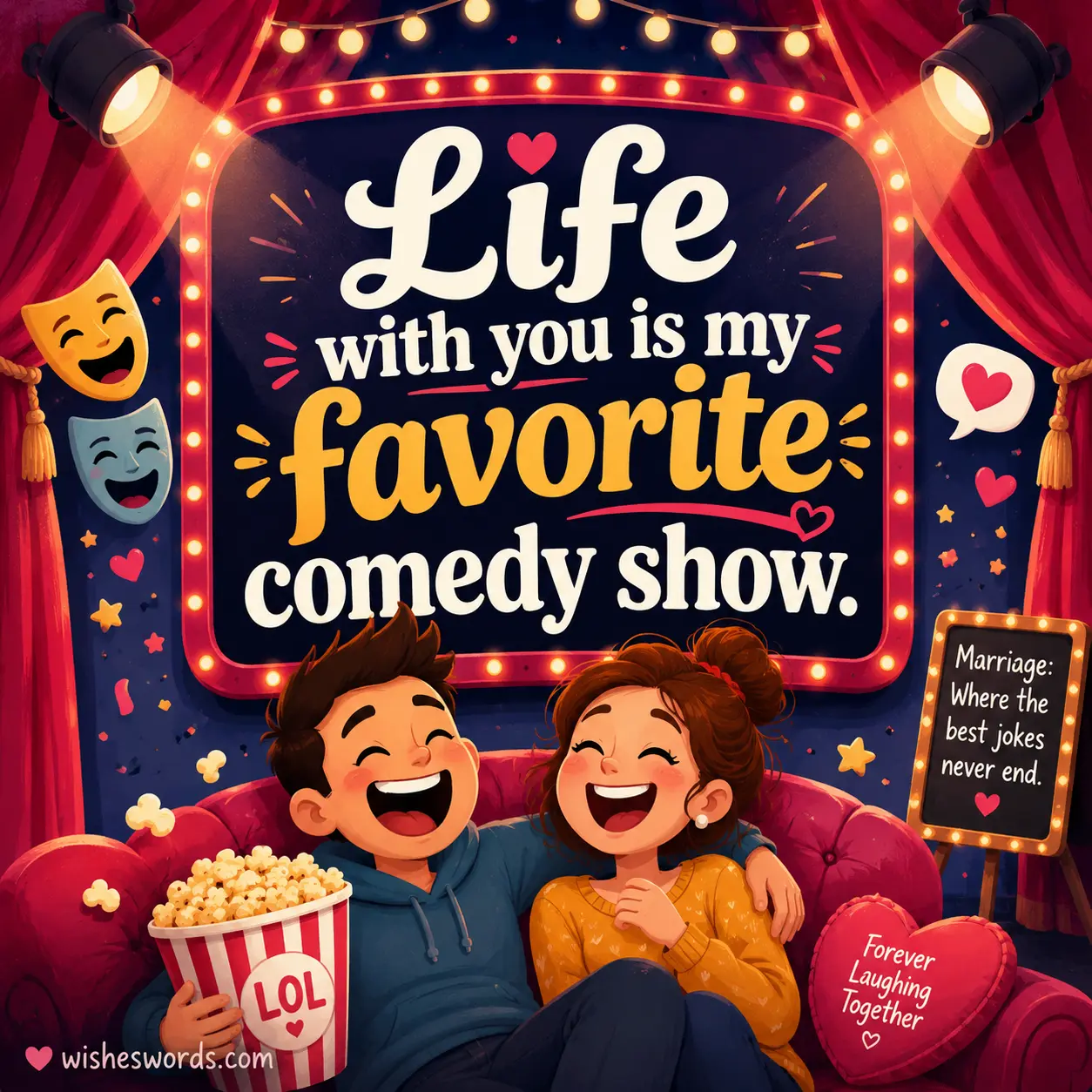 Colorful comedy-show-inspired marriage illustration highlighting how life together feels like a favorite comedy performance.