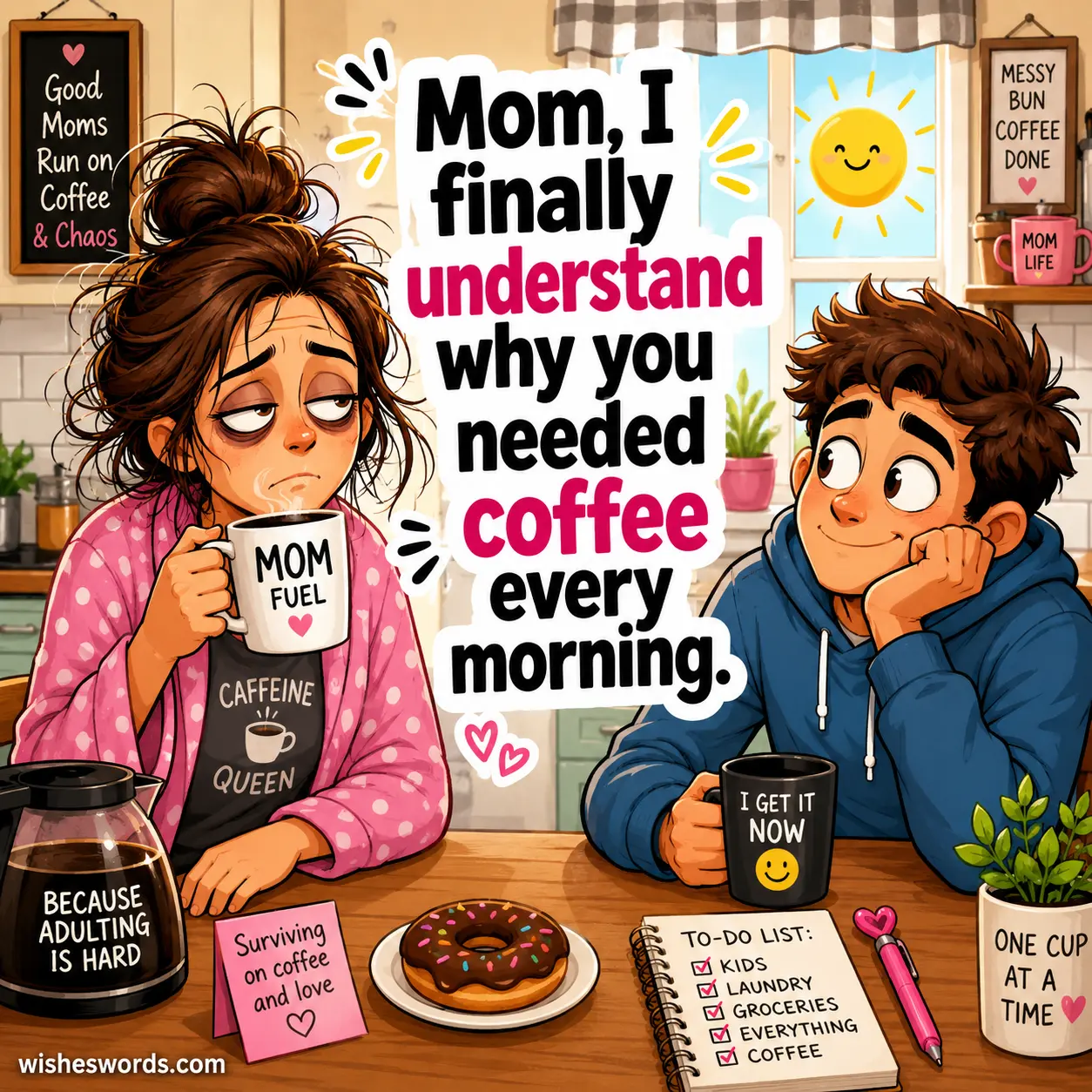 2. Playful cartoon of a mom with coffee and grown child realizing her daily struggles, highlighting humor in motherhood.