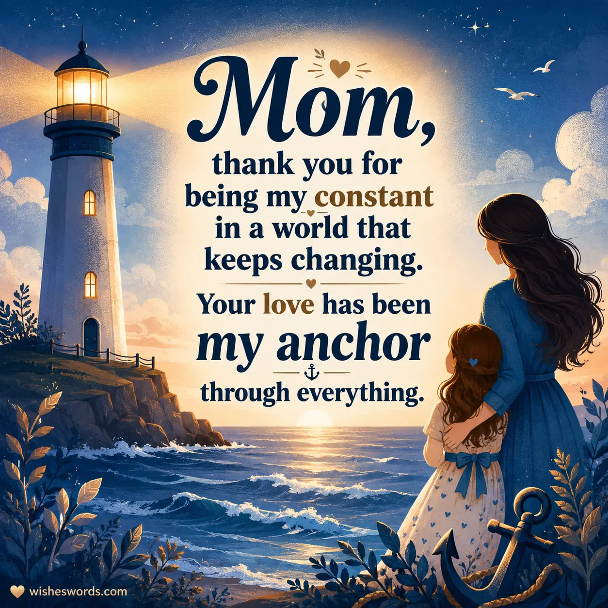 Artistic lighthouse-themed illustration symbolizing a mother's constant love and guidance through life’s changes, paired with a touching emotional quote.