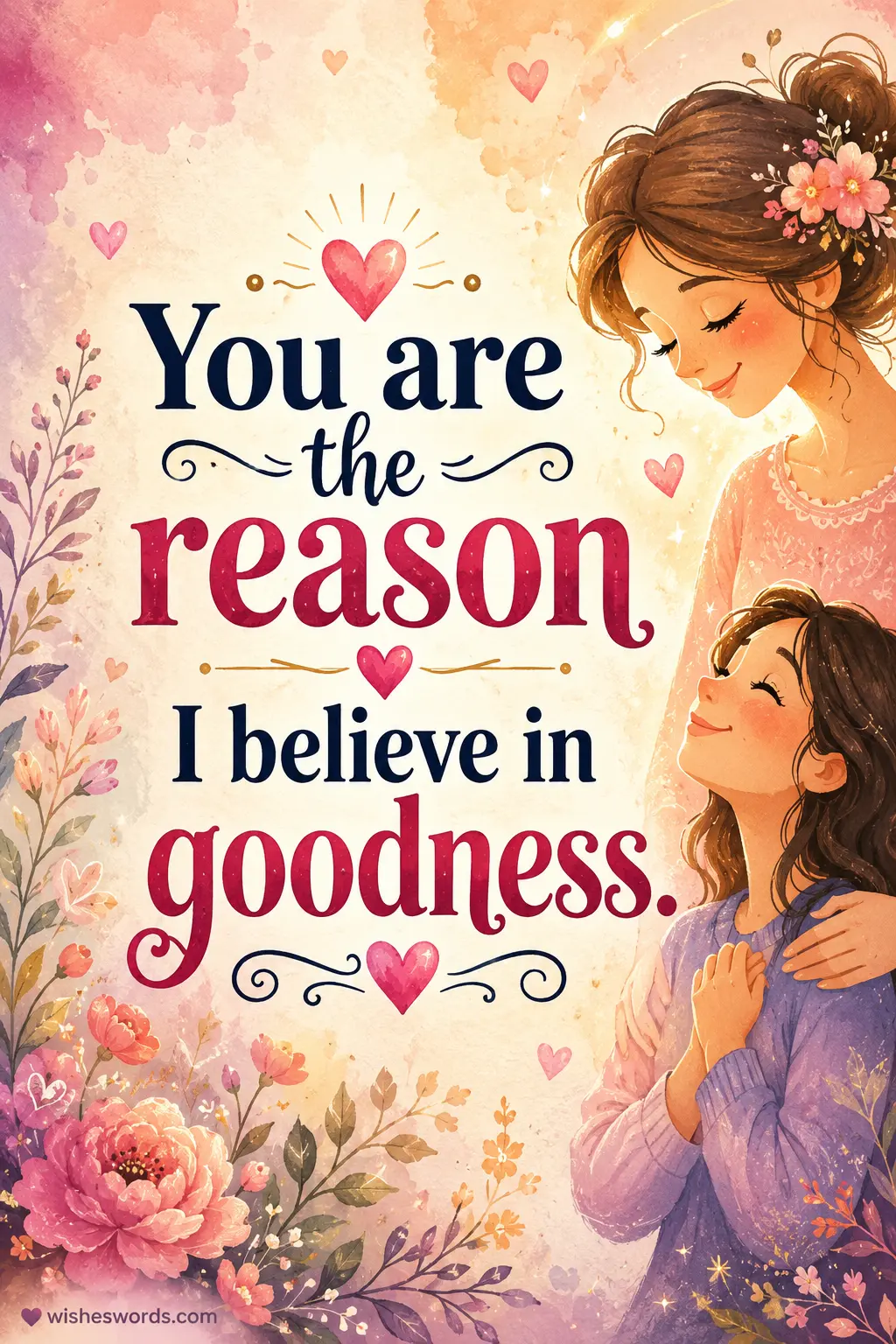 Whimsical watercolor illustration of a loving mother inspiring goodness and kindness, featuring a heartfelt gratitude quote in elegant typography for social media sharing.