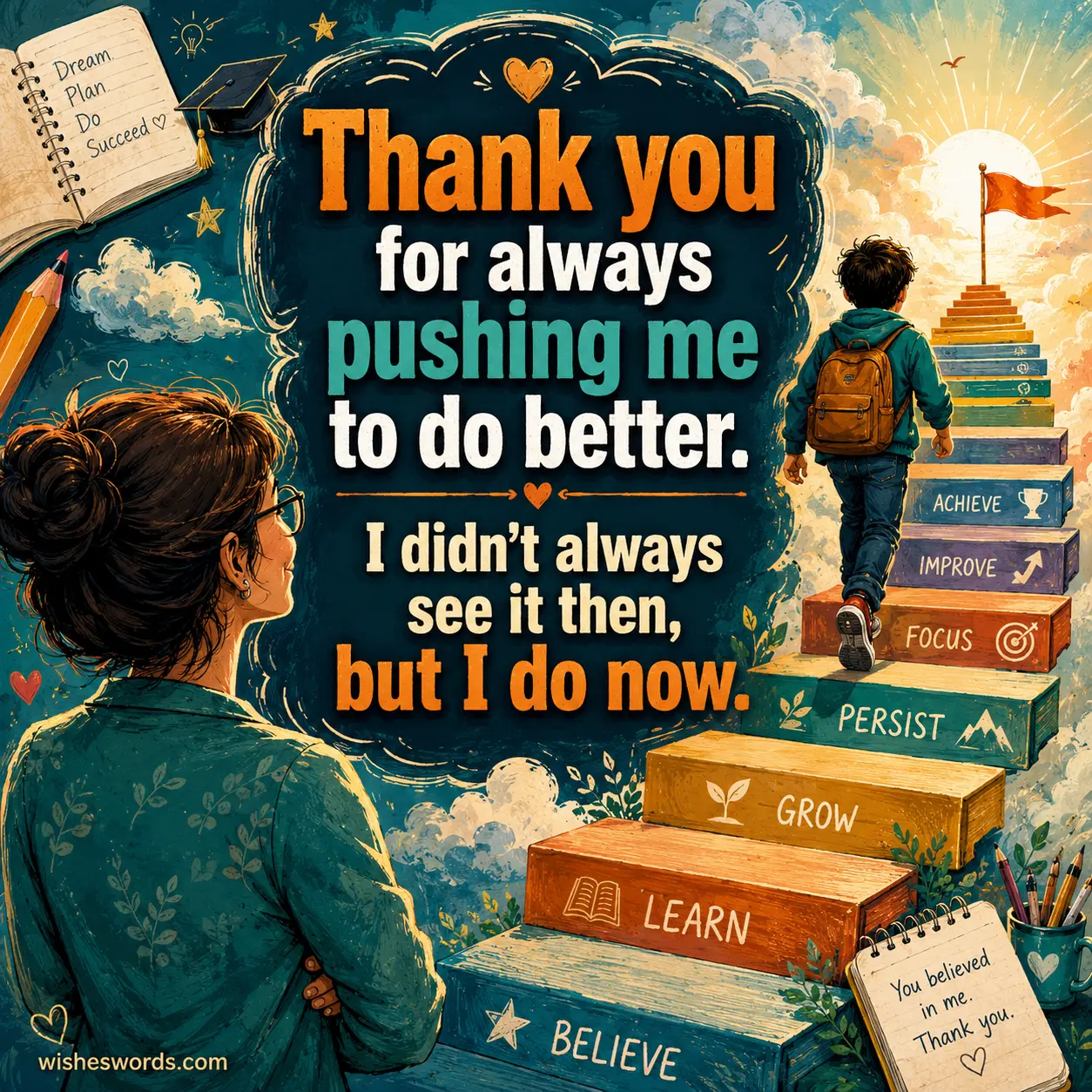 2. Whimsical student growth illustration with motivational teacher support and gratitude quote about being pushed to do better over time.