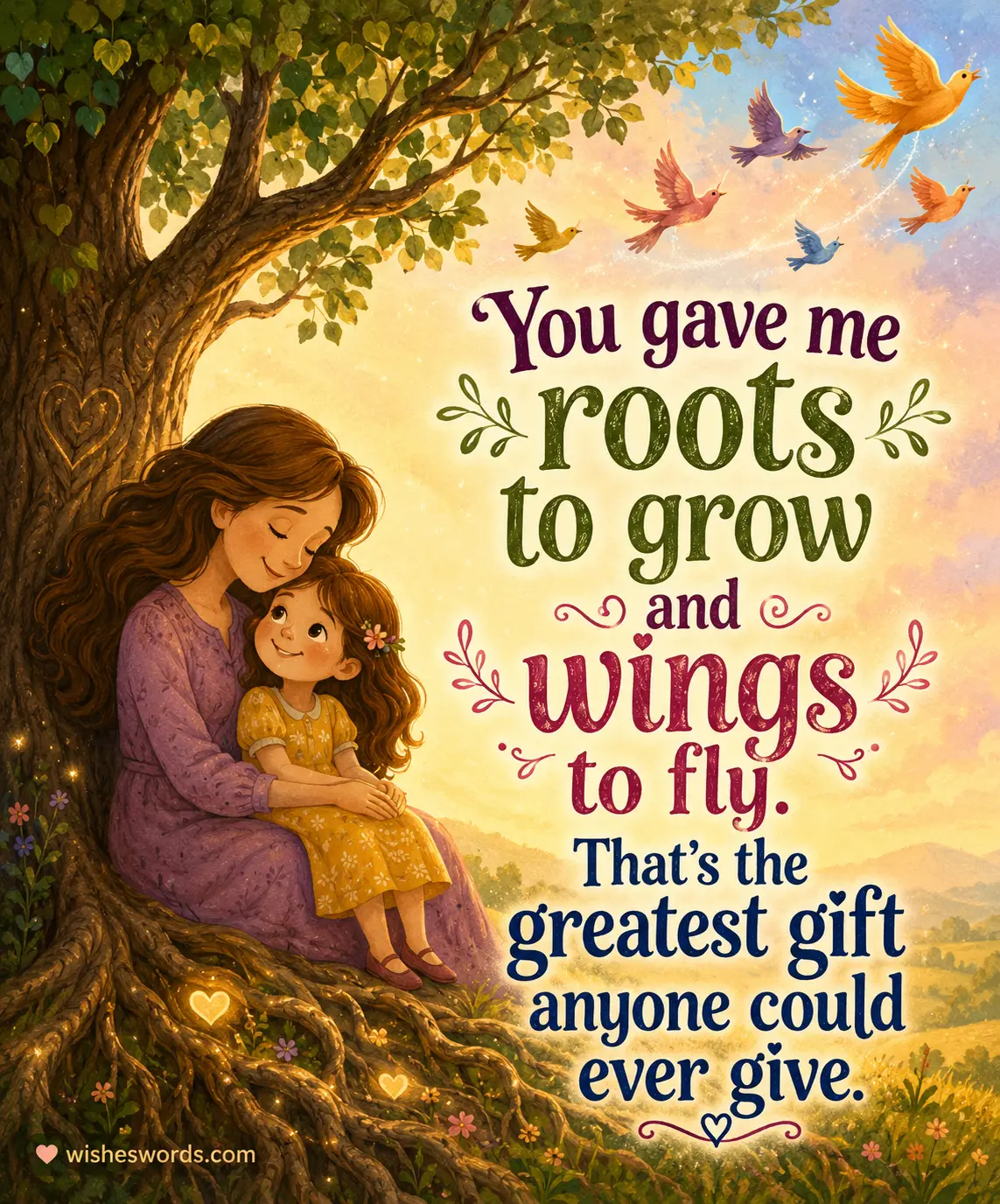 Storybook-style illustration of a mother giving roots and wings to her child beneath a magical tree, symbolizing love, growth, and emotional support.