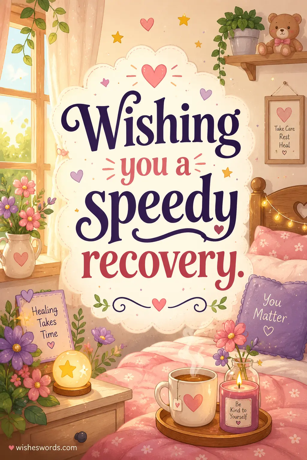 ALT 1: Cozy illustrated recovery-themed quote image with warm sunlight and flowers featuring the message Wishing you a speedy recovery in bold typography for social media inspiration.