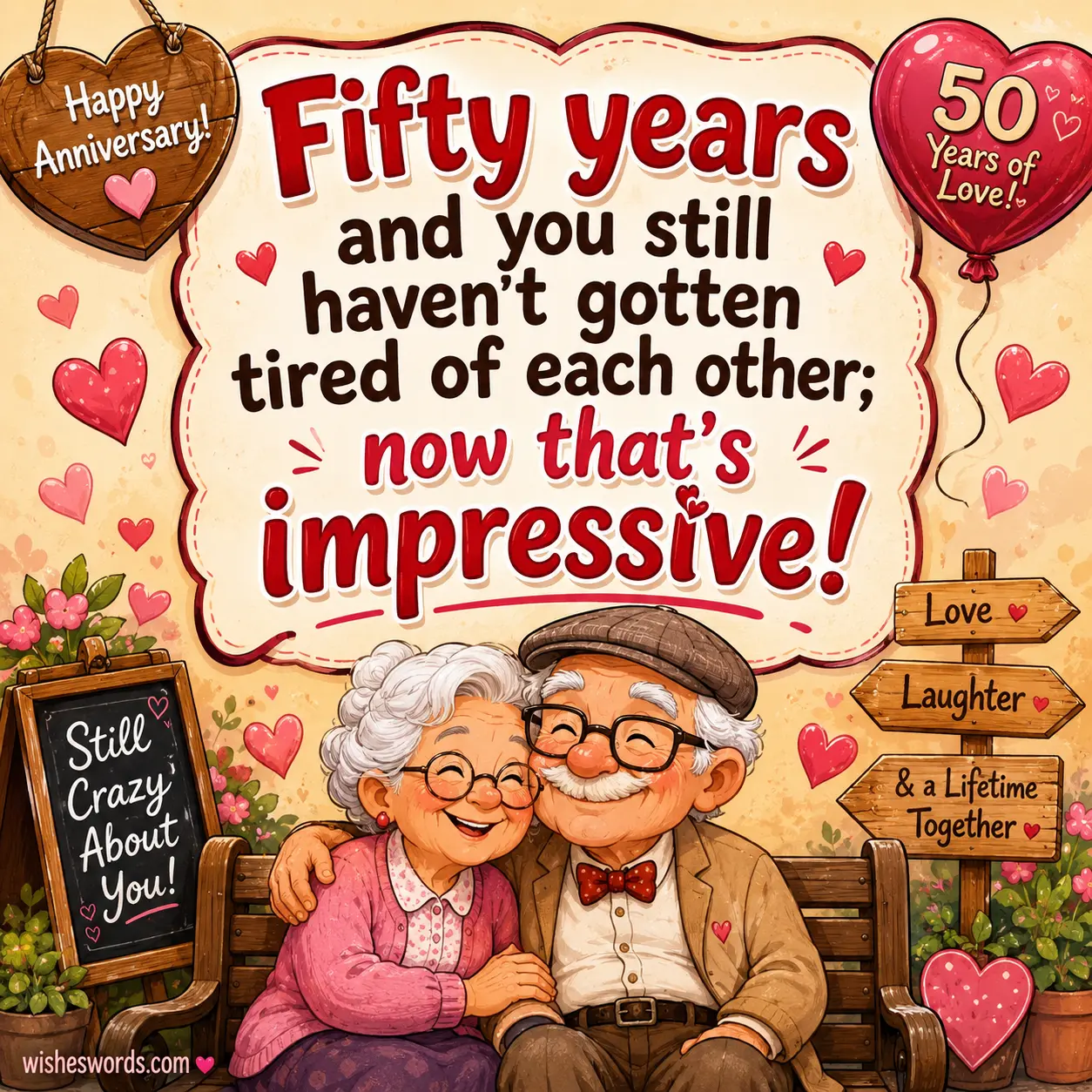 4. Fun cartoon-style anniversary artwork of an older couple sitting together with playful hearts and a humorous quote about surviving fifty years together.
