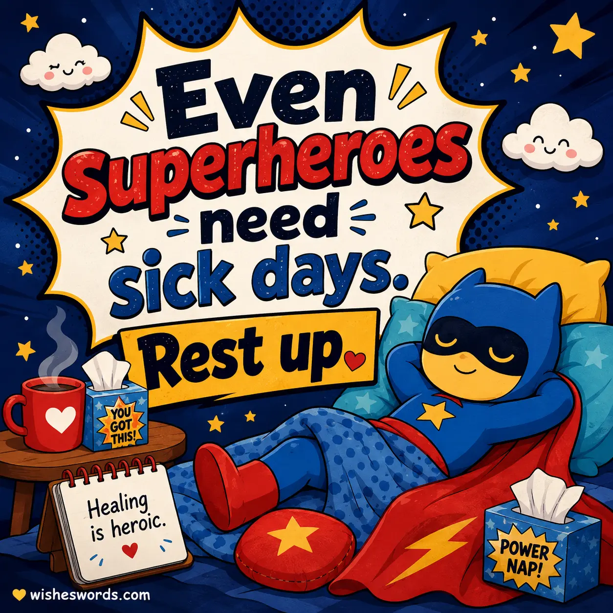 ALT 4: Cute comic-style superhero resting indoors with motivational feel better quote about superheroes needing sick days and taking time to heal.