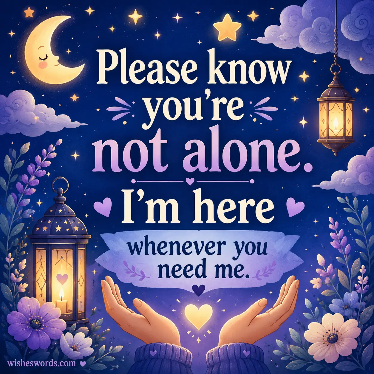 ALT_TEXT_3: Warm supportive grief illustration with glowing lanterns and comforting message about not being alone during loss.