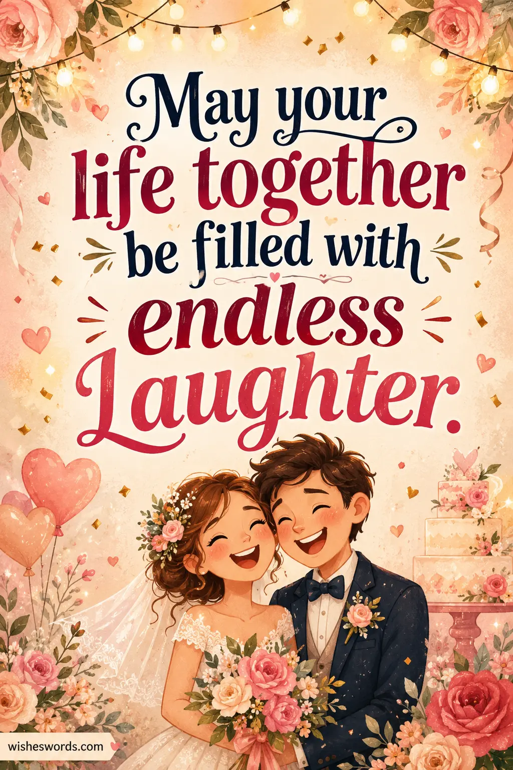 1. Whimsical illustrated wedding quote image with romantic flowers and joyful atmosphere celebrating endless laughter in marriage