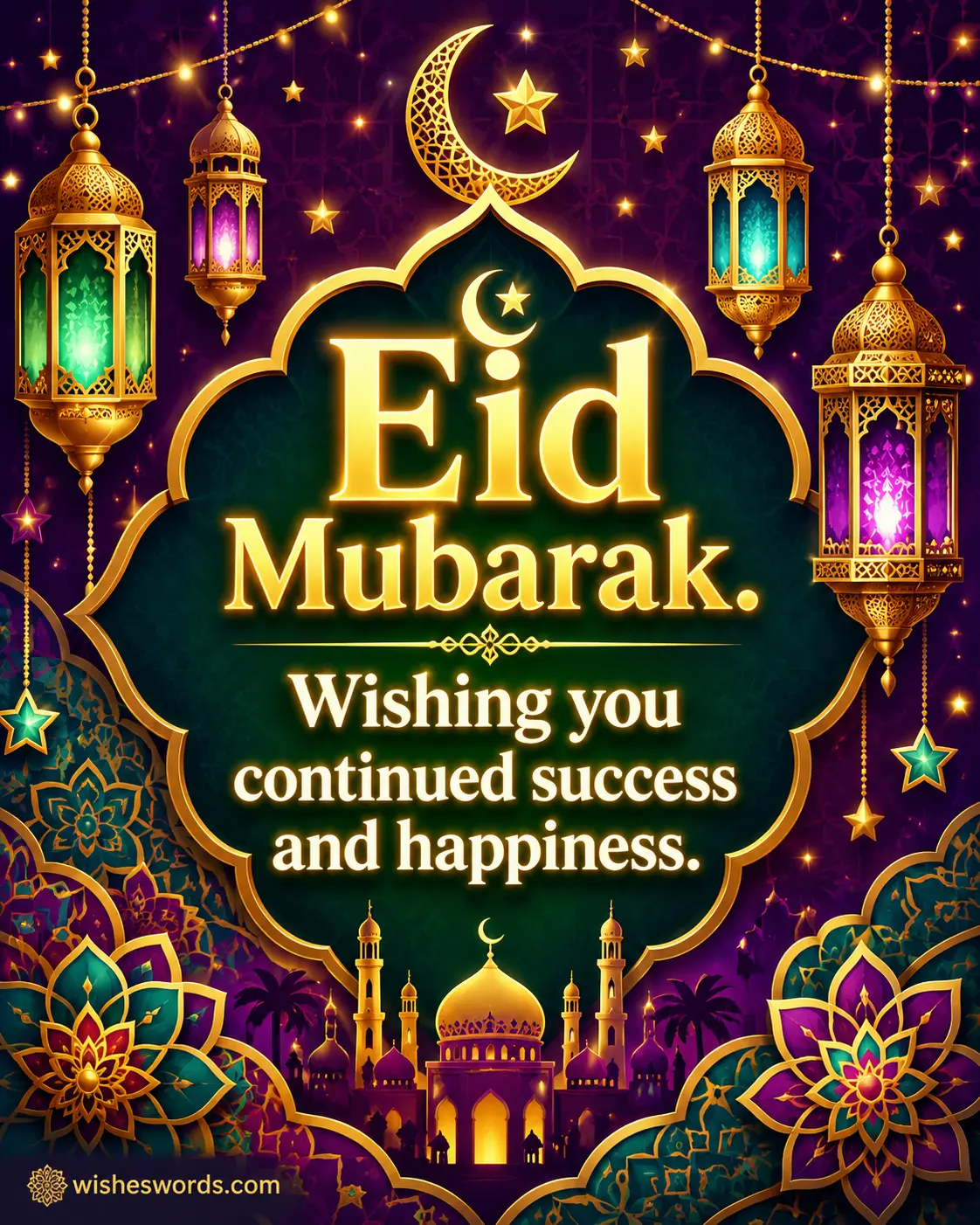 4. Vibrant Eid greeting design with lanterns emphasizing success and happiness wishes.