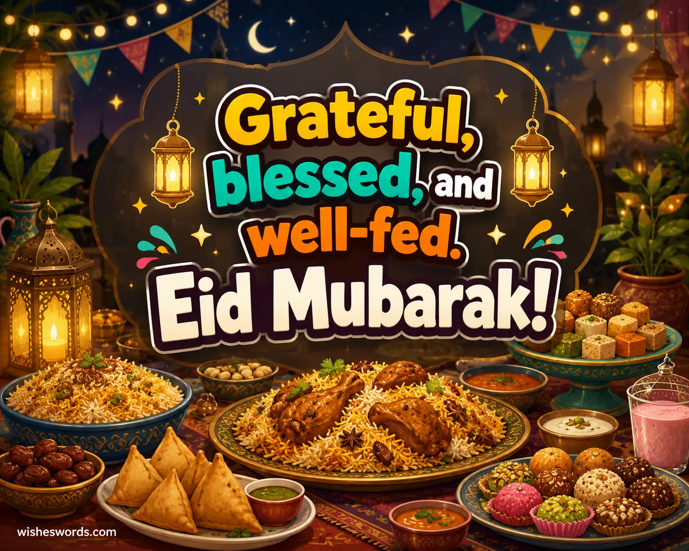 5. Festive Eid food illustration showing gratitude and joy with a well-fed celebration theme.