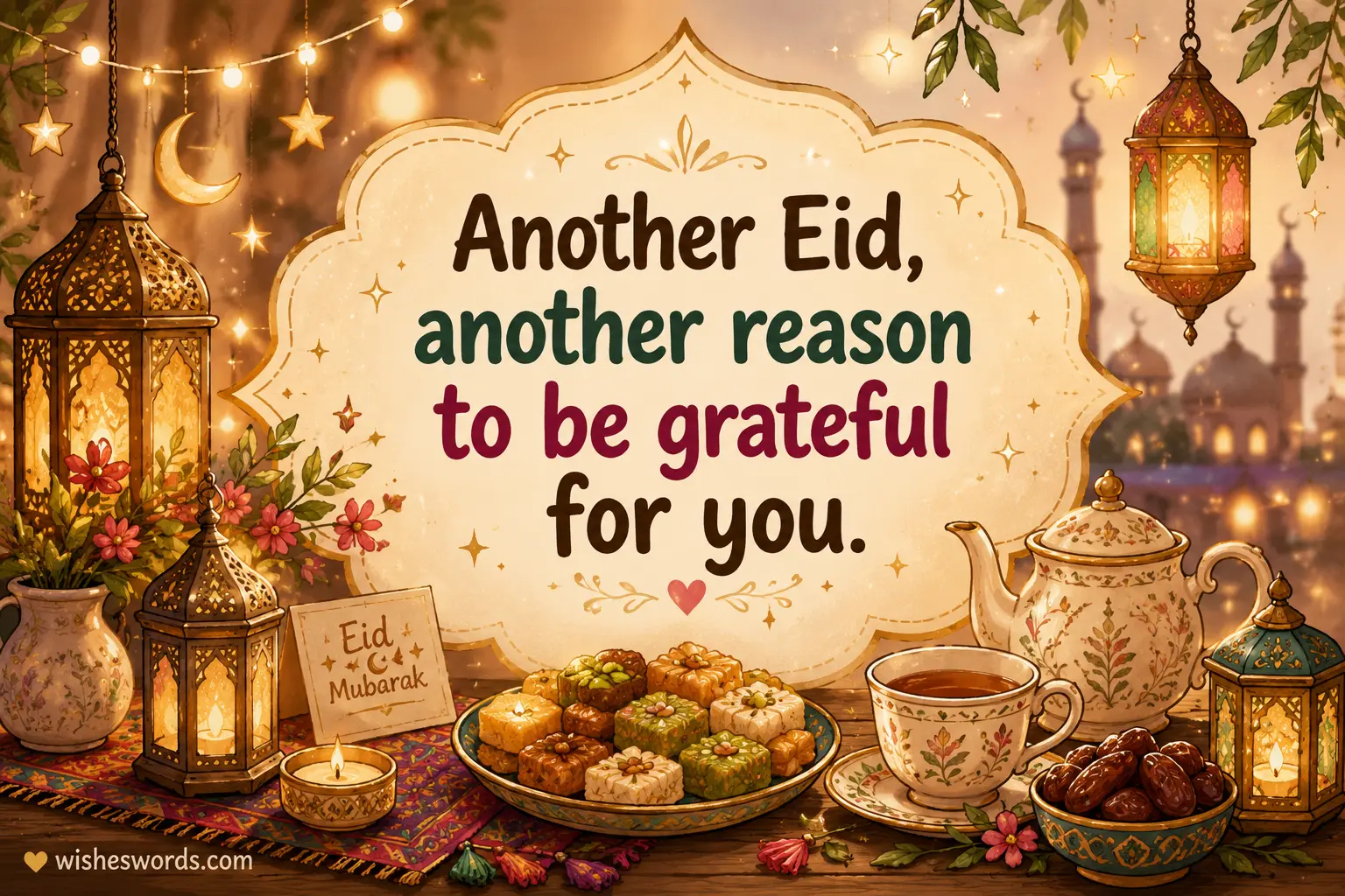 3. Cozy Eid celebration table illustration highlighting gratitude and appreciation message.