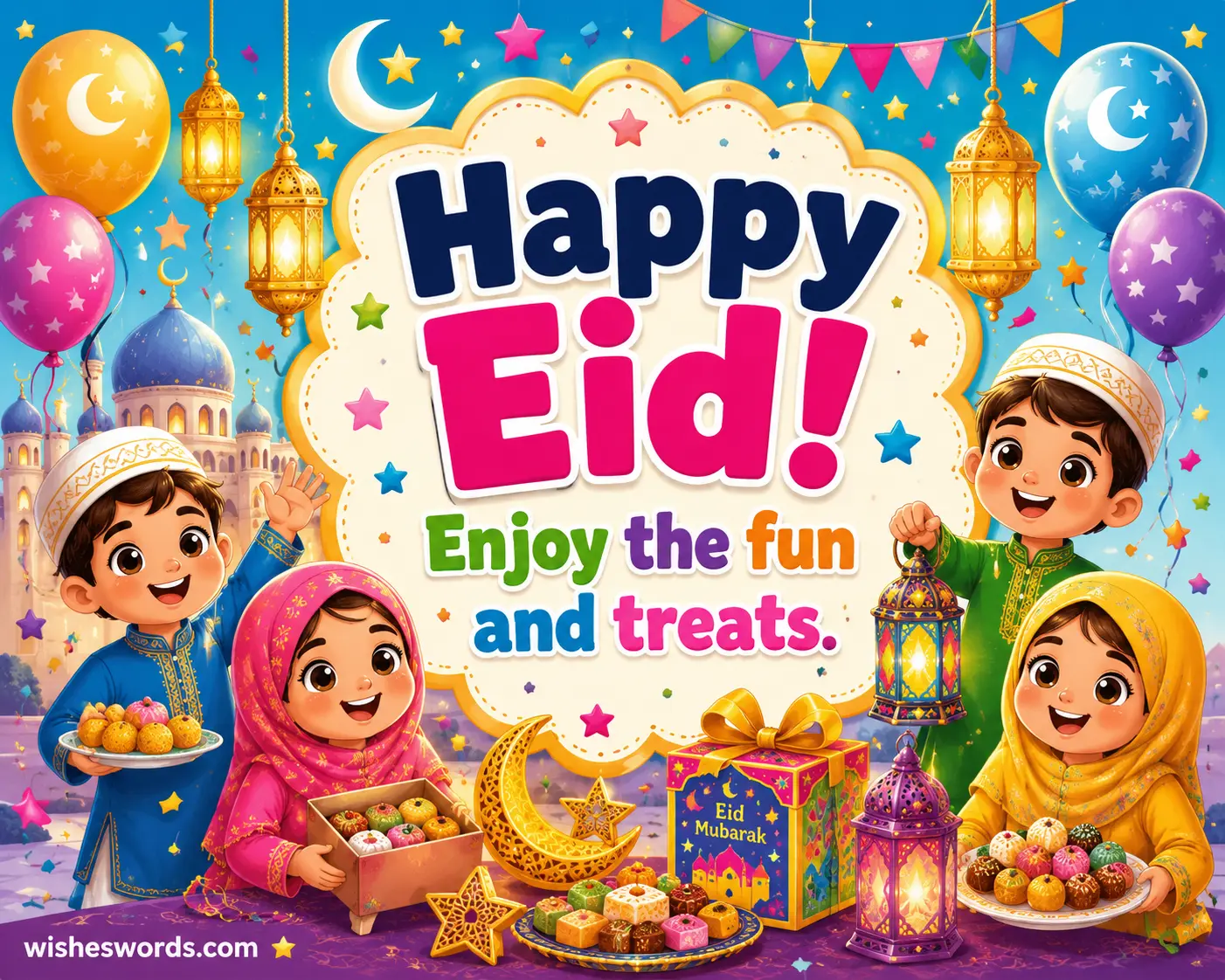 6. Cheerful cartoon Eid celebration with treats and fun capturing joyful holiday spirit.