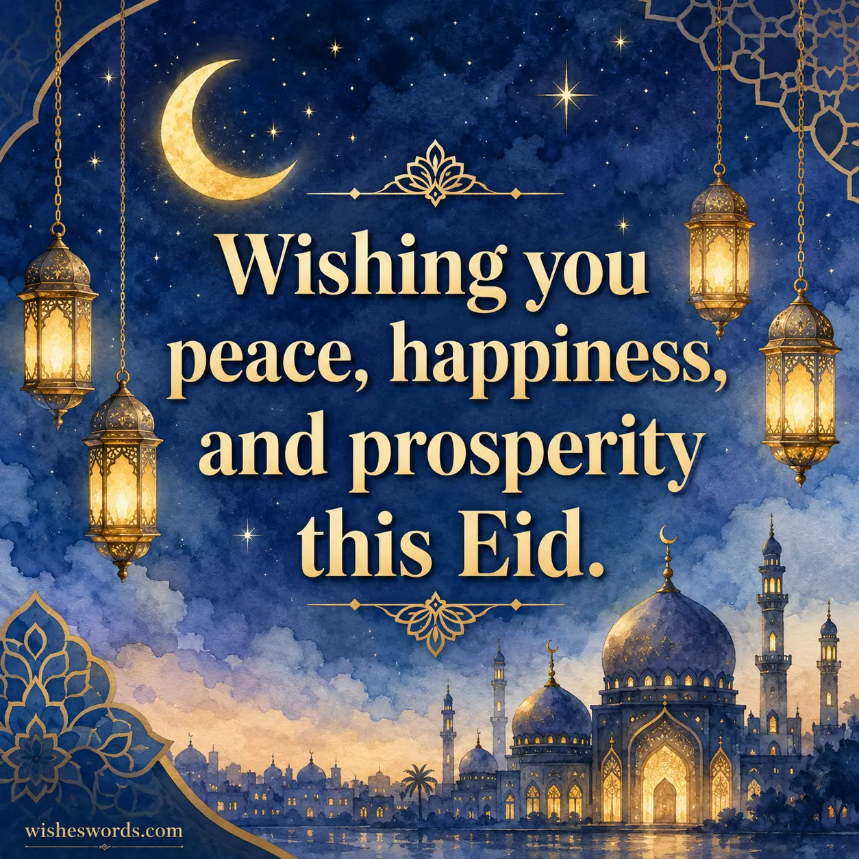 1. Peaceful Eid illustration with crescent moon and lanterns featuring a heartfelt quote about peace, happiness, and prosperity.