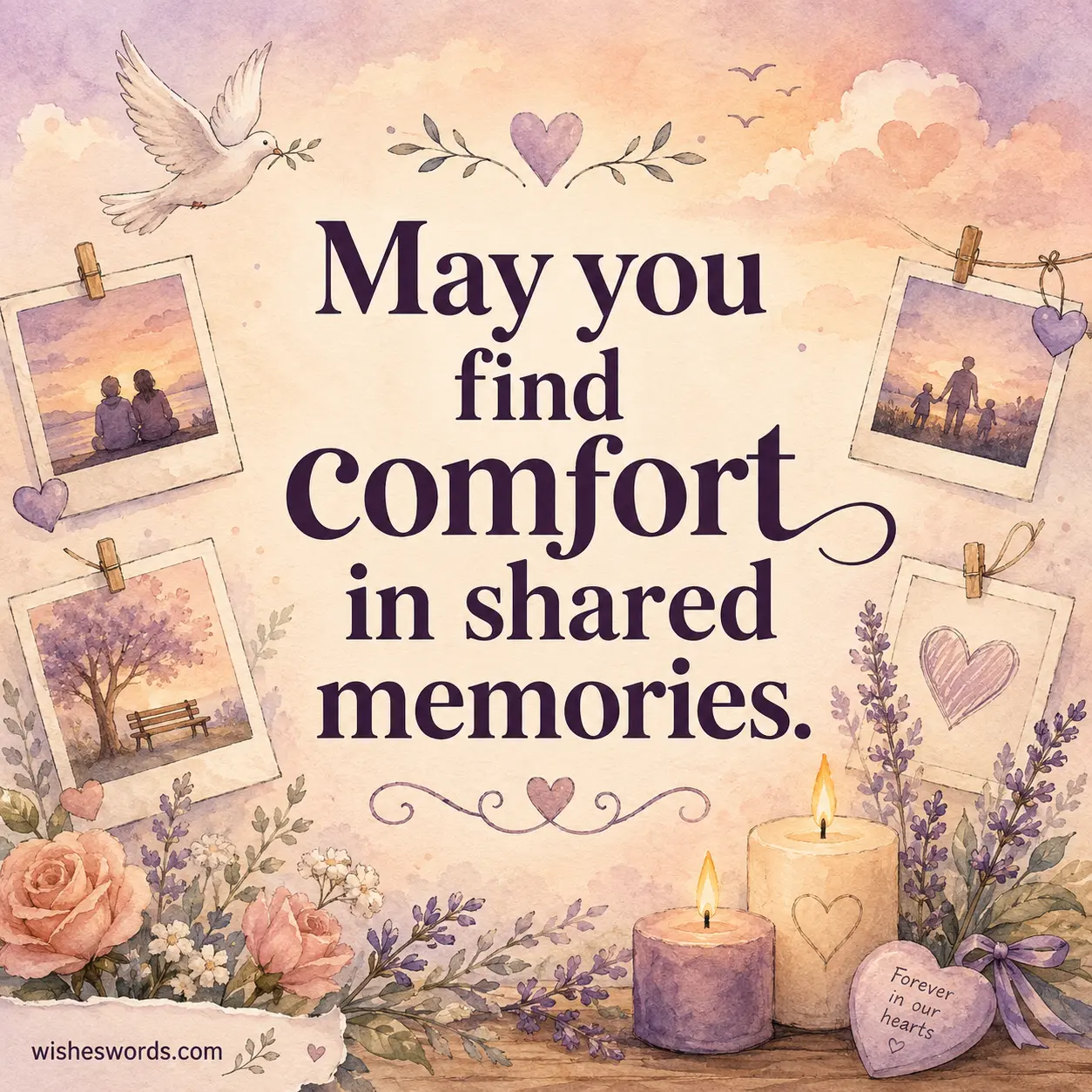 5. Gentle pastel memorial illustration with candles and shared memories theme offering comfort during loss.