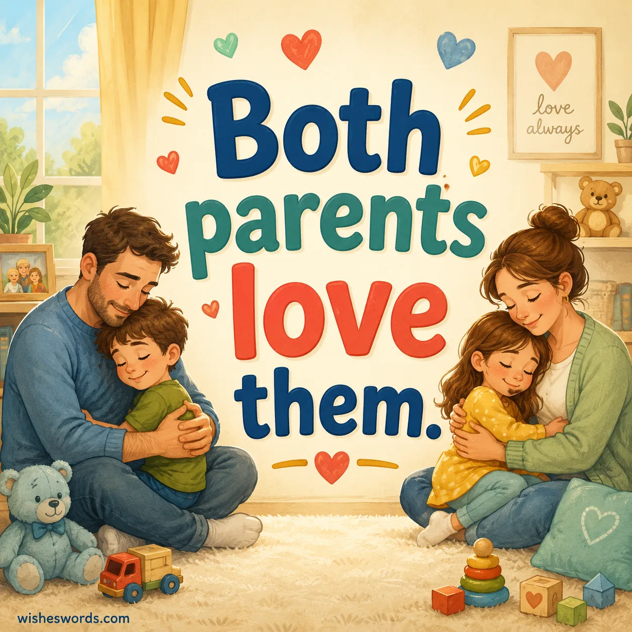 Parents reassuring children with love and stability during divorce