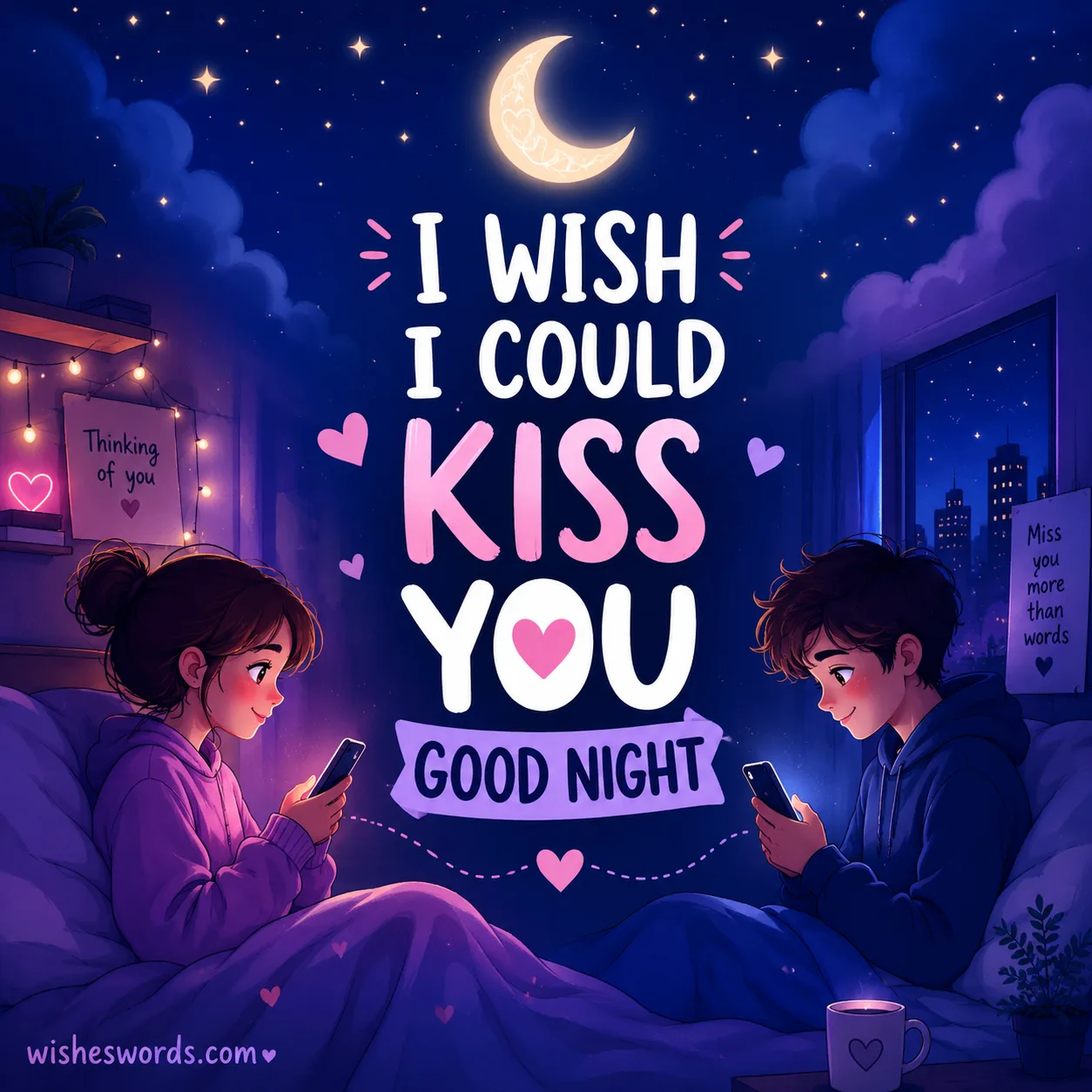 Long distance couple sharing a heartfelt good night message