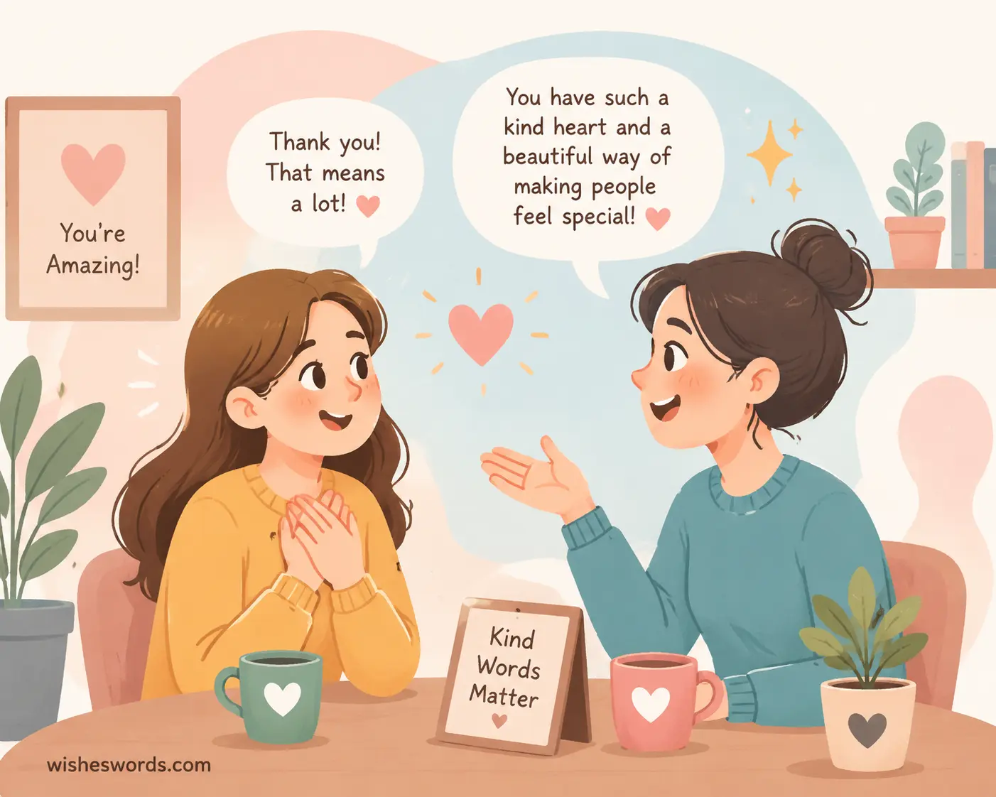 Person giving a thoughtful compliment through kind words in a friendly conversation
