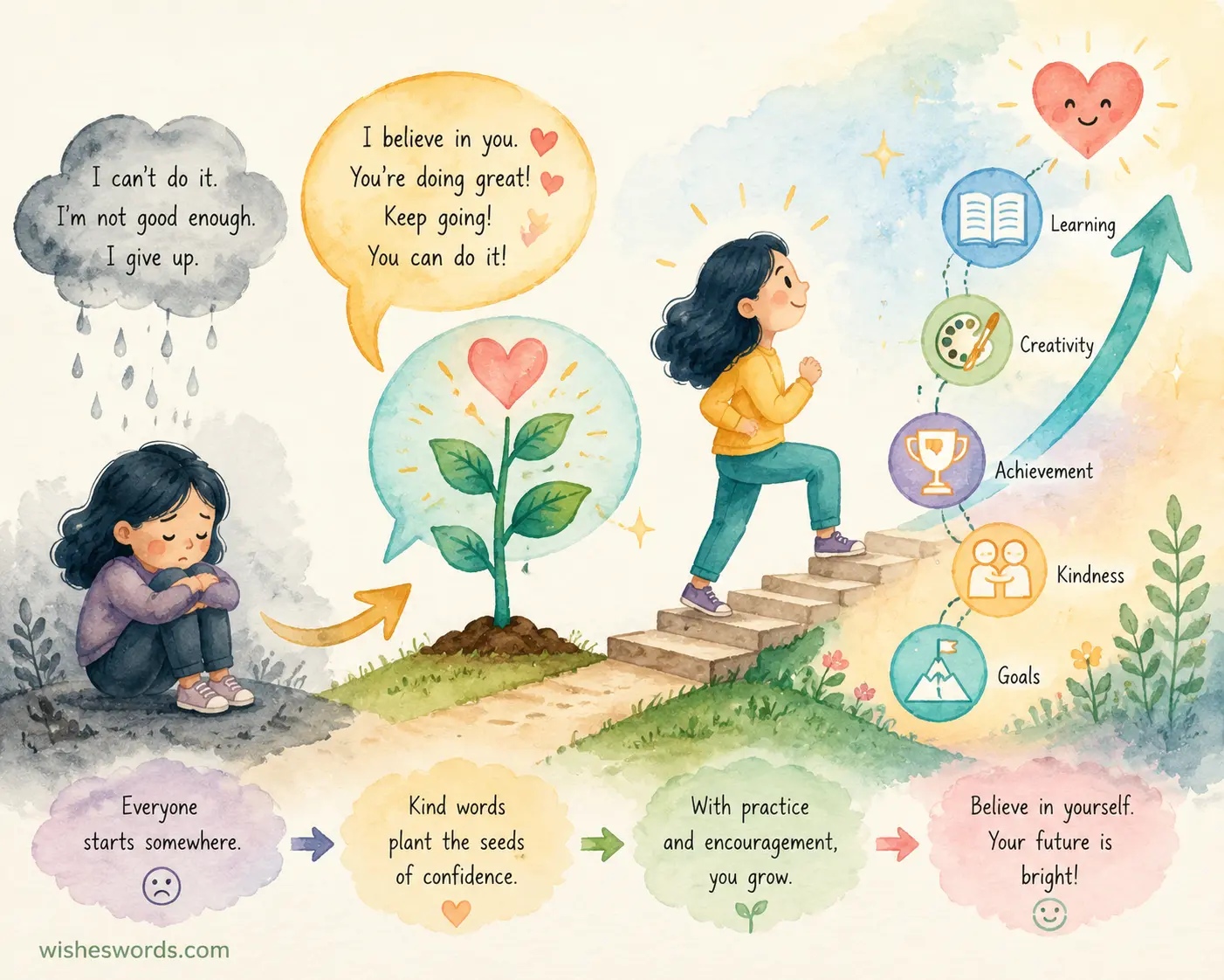 Illustration of praise encouraging personal skills growth with symbols of confidence and progress