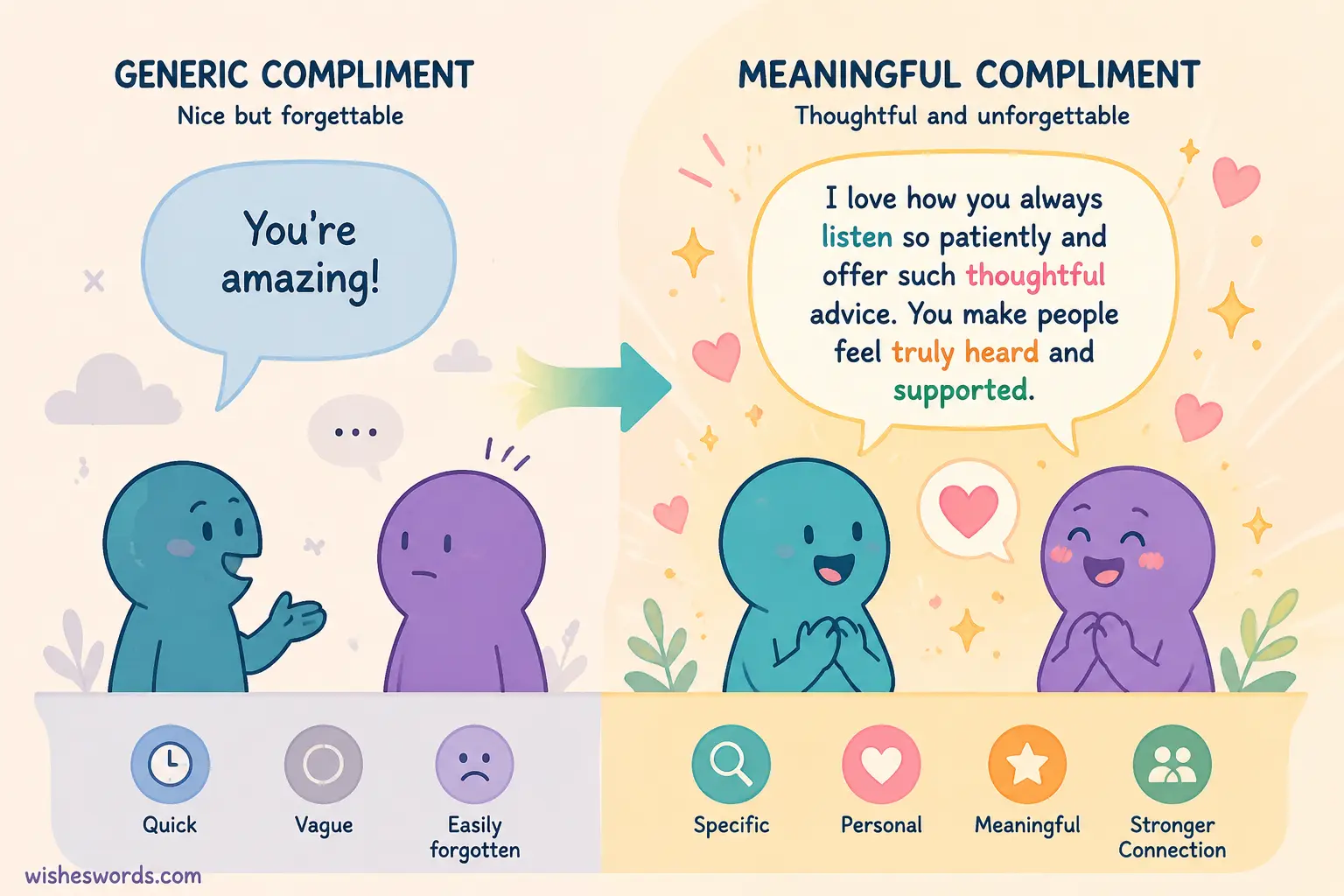 Illustration comparing generic and specific compliments with meaningful conversation symbols